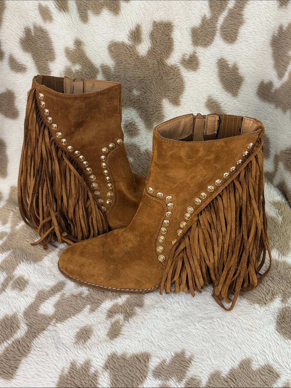 BEAST FASHION Cognac Brown Suede Fringe Ankle Boots with Studs